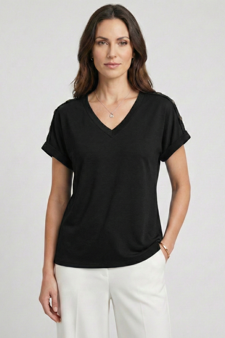 T-shirt da Donna con Scollo a V e Maniche con Risvolto