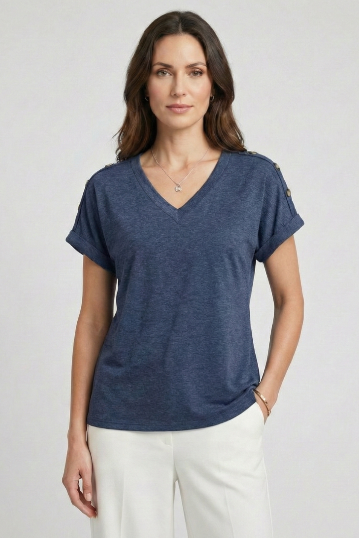 T-shirt da Donna con Scollo a V e Maniche con Risvolto