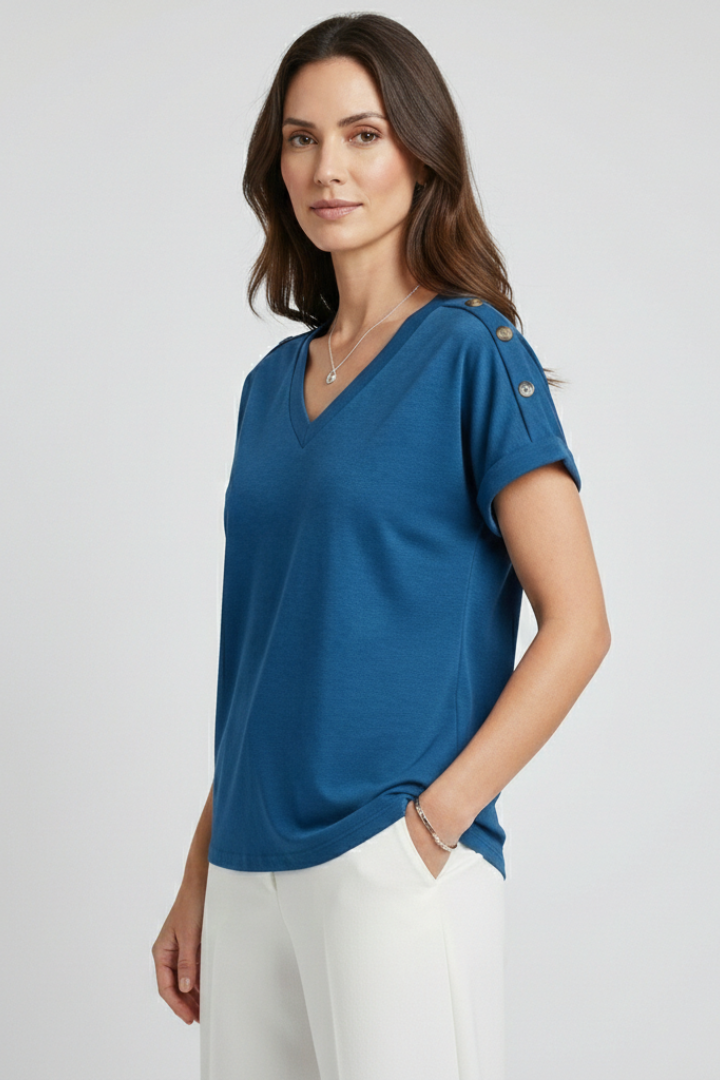 T-shirt da Donna con Scollo a V e Maniche con Risvolto