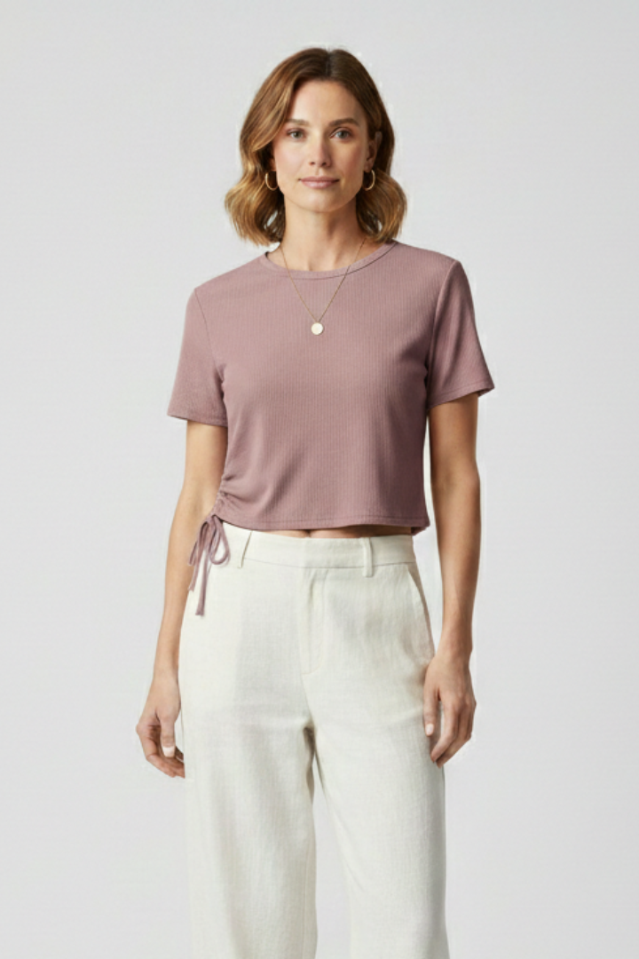 T-shirt Crop da Donna con Arricciature Laterali e Laccetti