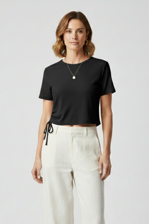 T-shirt Crop da Donna con Arricciature Laterali e Laccetti