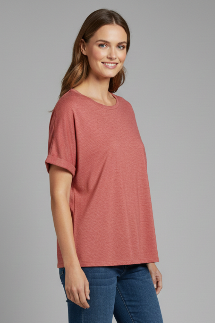 T-shirt Oversize da Donna con Scollo a Girocollo e Maniche Risvoltate