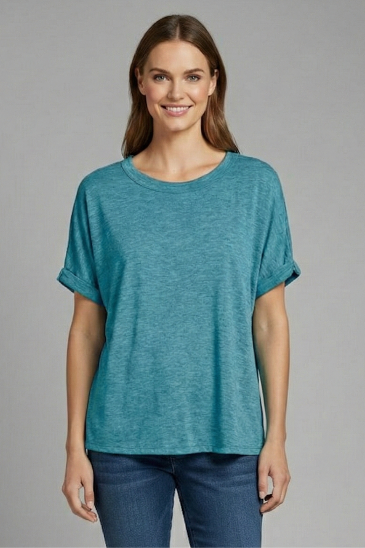 T-shirt Oversize da Donna con Scollo a Girocollo e Maniche Risvoltate