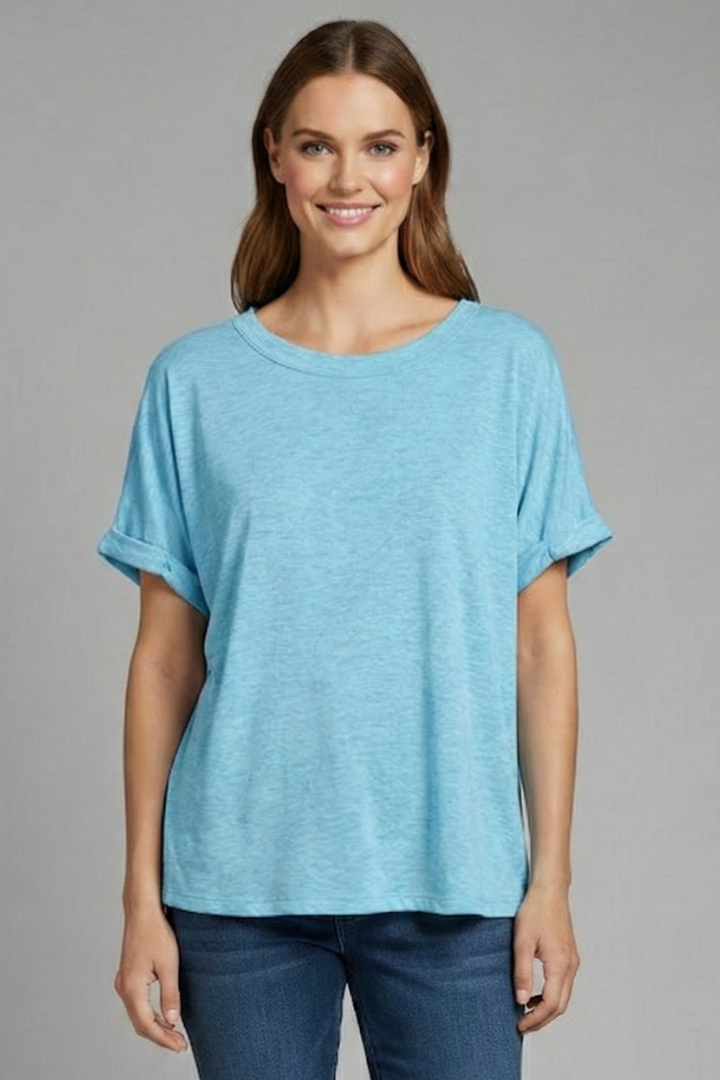 T-shirt Oversize da Donna con Scollo a Girocollo e Maniche Risvoltate