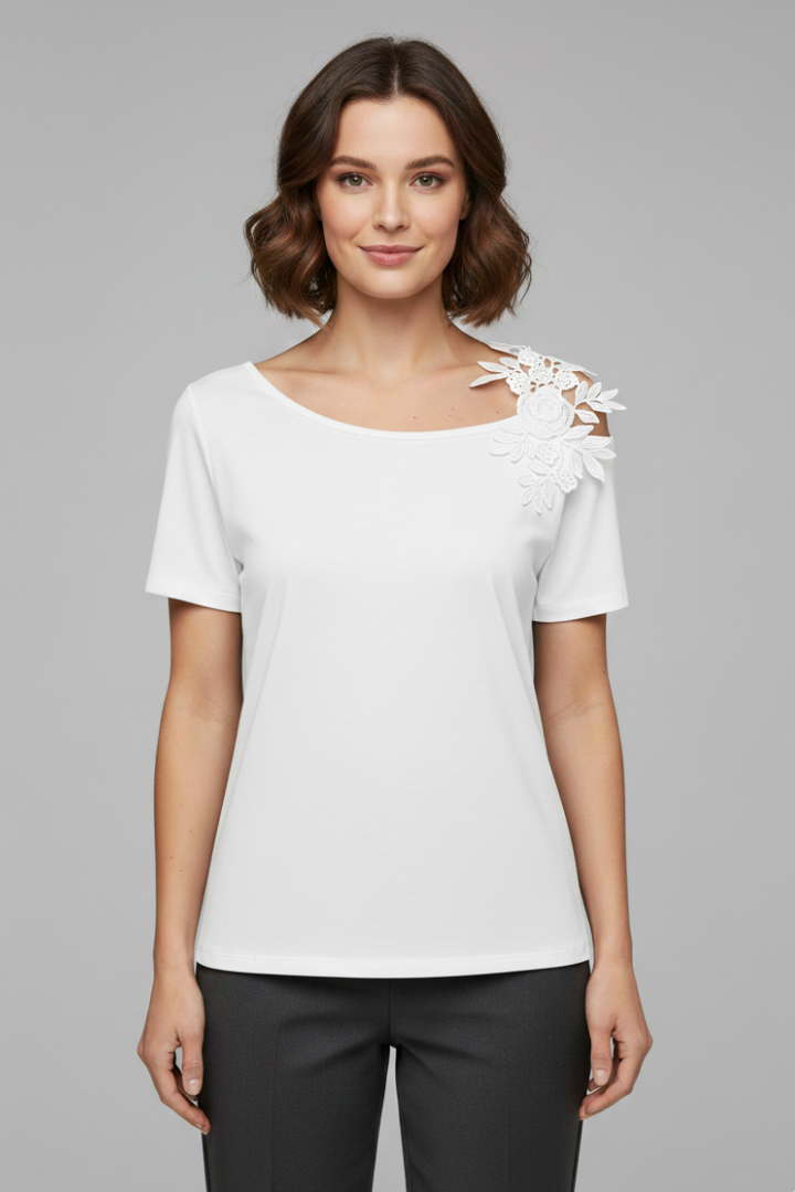 T-shirt da Donna con Spalle Scoperte e Applicazioni Floreali